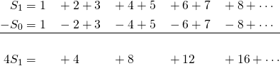 \[ \begin{aligned} S_1&=1&&+2+3&&+4+5&&+6+7&&+8+\cdots\\ -S_0&=1&&-2+3&&-4+5&&-6+7&&-8+\cdots\\ \hline \\ 4S_1&=&&+4&&+8&&+12&&+16+\cdots \end{aligned} \]